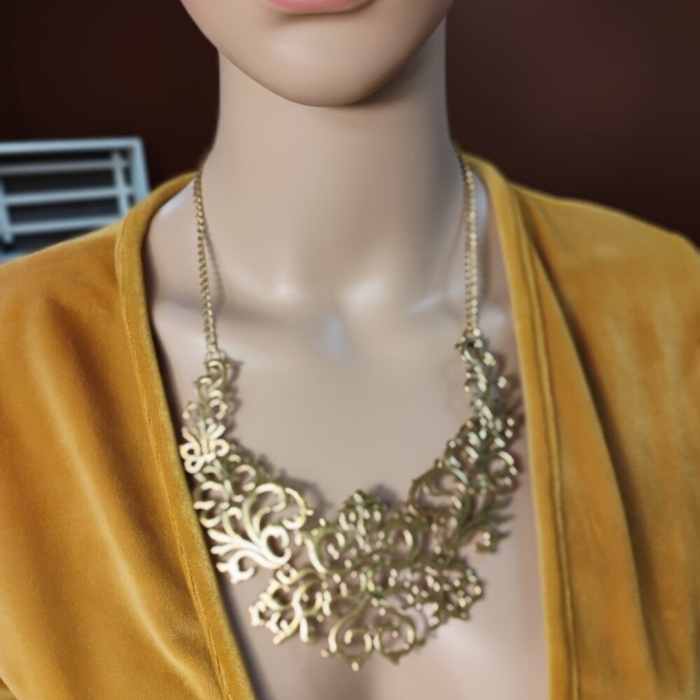 Gold Filigree Statement Necklace | Ornate Scrollwork Collar Necklace